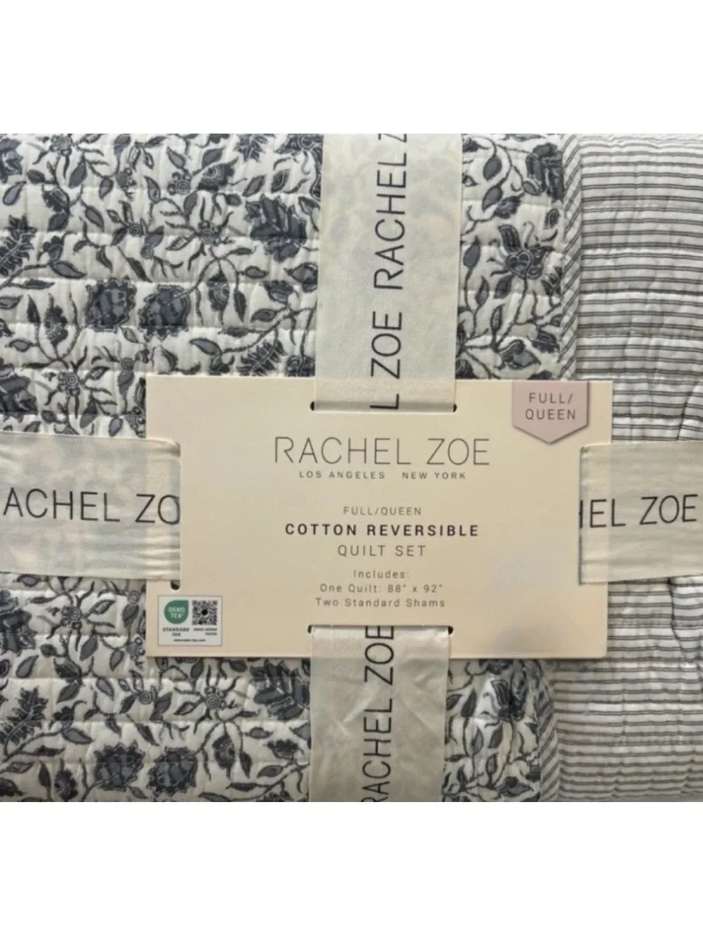 Rachel Zoe Full/Queen Gray and White Cotton Reversible Quilt Set 88”x92”